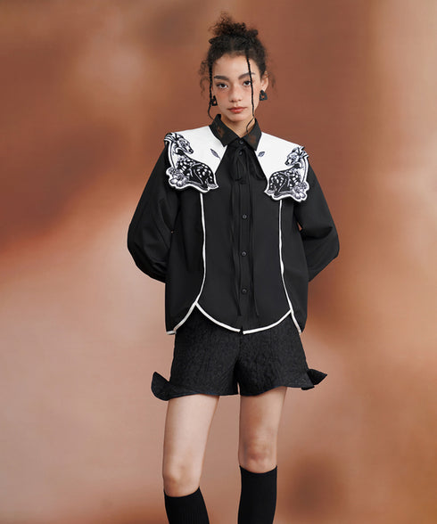 Deer Embroidery Collar Blouse